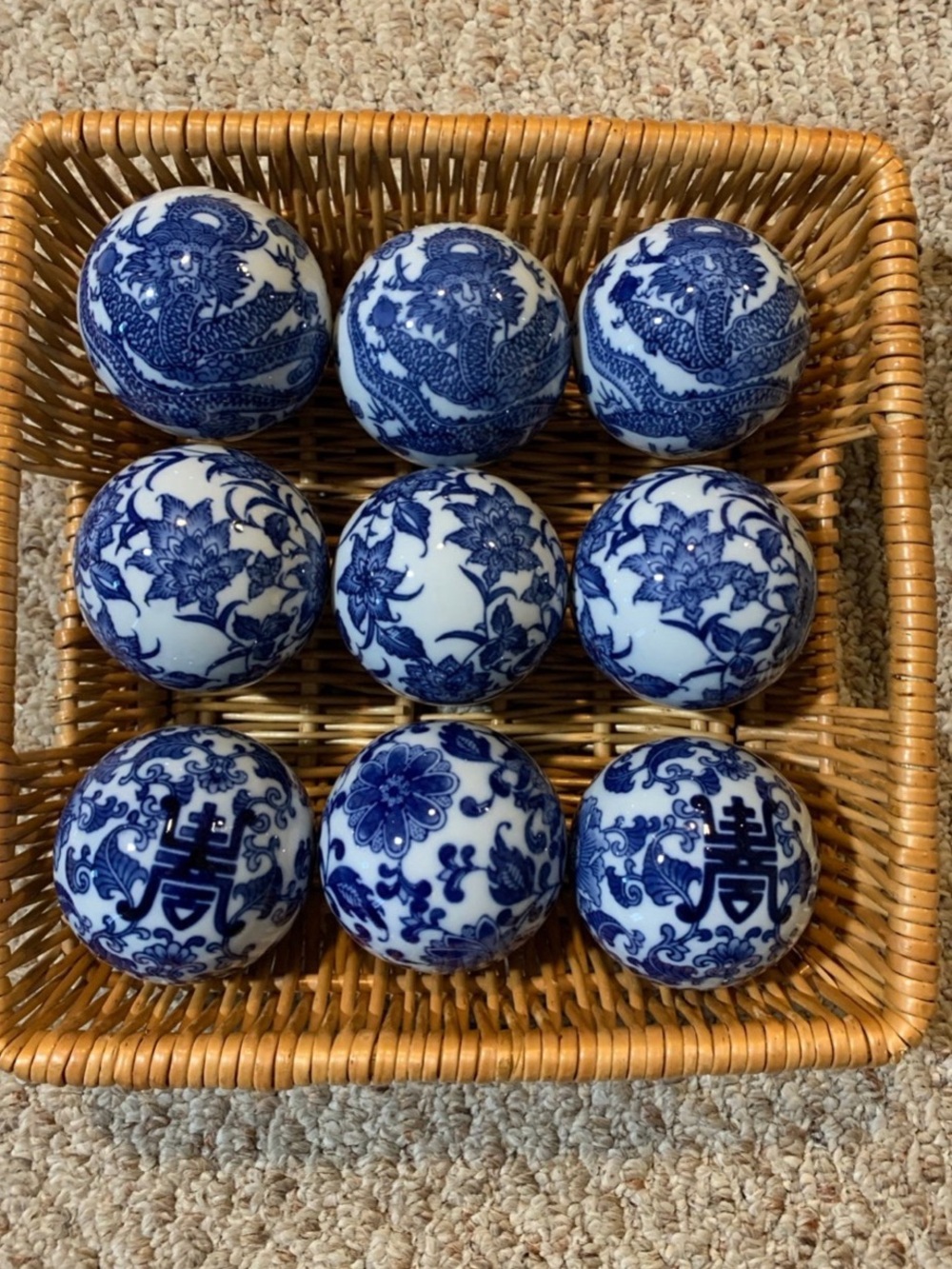 Vintage Blue and White Chinoiserie Carpet Balls- Set of 9
